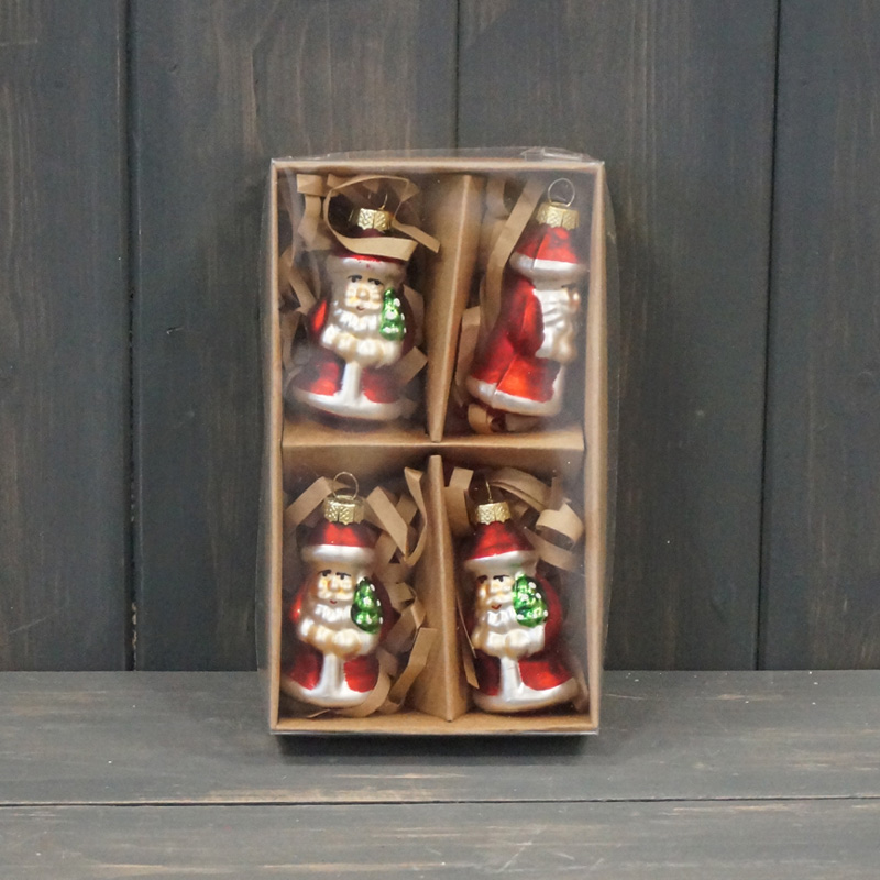 Box of Four Hanging Glass Santa Ornaments detail page